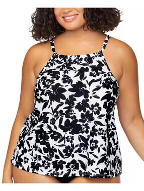50$ Island Escape Cali Printed Strappy Tankini Top Plus Size 24W Black White